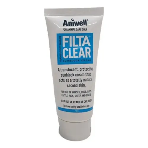 Aniwell FiltaClear 50g translucent sunblock cream; protective, natural “second skin” for sensitive areas on horses, cats, and dogs.