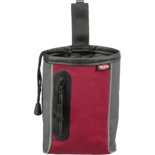 Compact dog treat pouch with drawstring closure, belt clip, reflective elements, outside pocket, and built-in dirt bag dispenser; cotton/polyester.