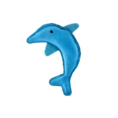 Beco catnip dolphin toy for cats; soft fabric filled with natural catnip to encourage play, pouncing, and batting while supporting enrichment and activity.