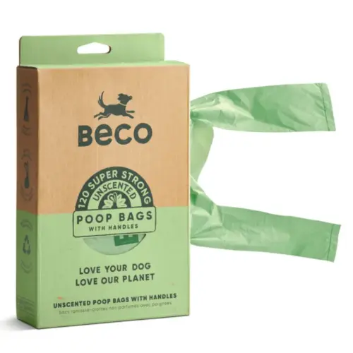 Beco poop bags with handles; strong, leak-resistant dog waste bags designed for easy tying and clean disposal; 120 pack suitable for daily dog walks.