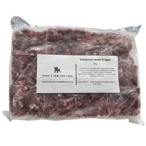 Raw venison and tripe dog food blend; rich in B vitamins, iron and zinc for energy and immunity; includes green tripe for digestion and gut health support